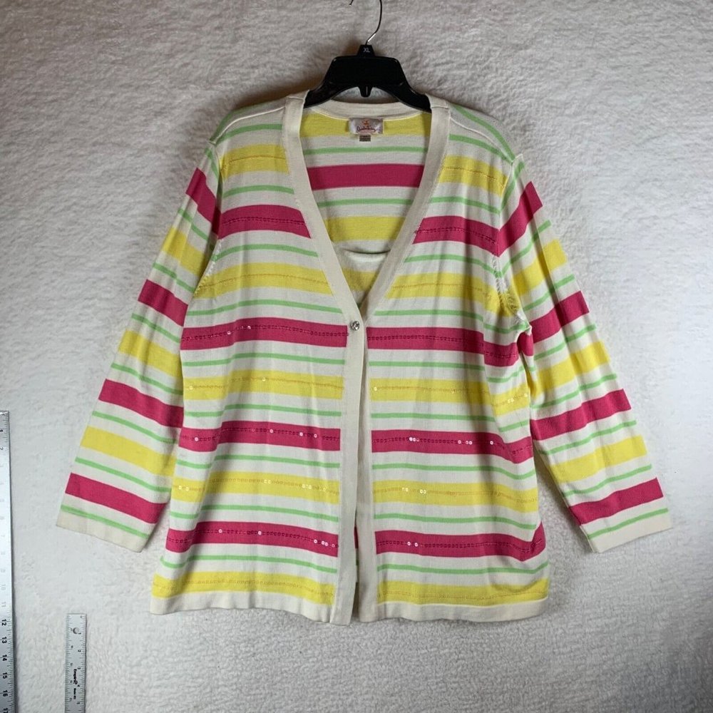 Quacker Factory Women's Multicolor Stripe‎ Cotton Cardigan Sweater Size 2X 8747